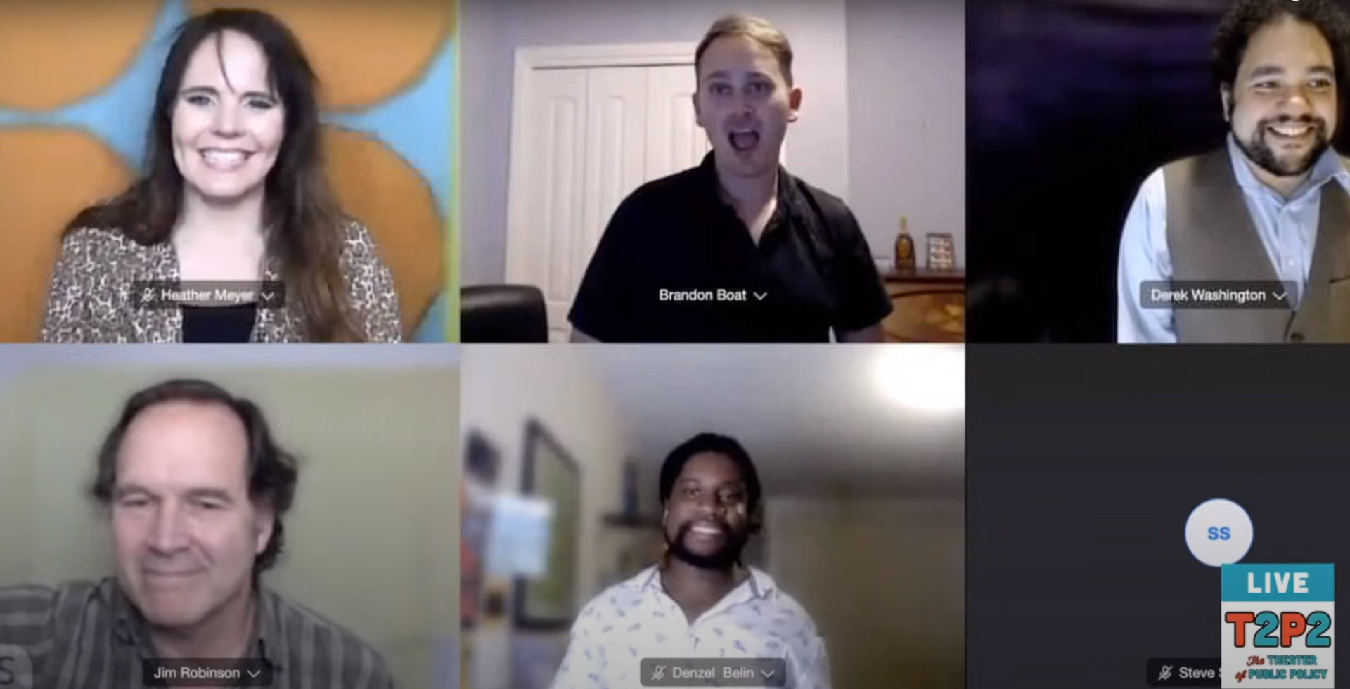A zoom app outline with five different people in different rooms smiling together after doing a virtual comedy show.