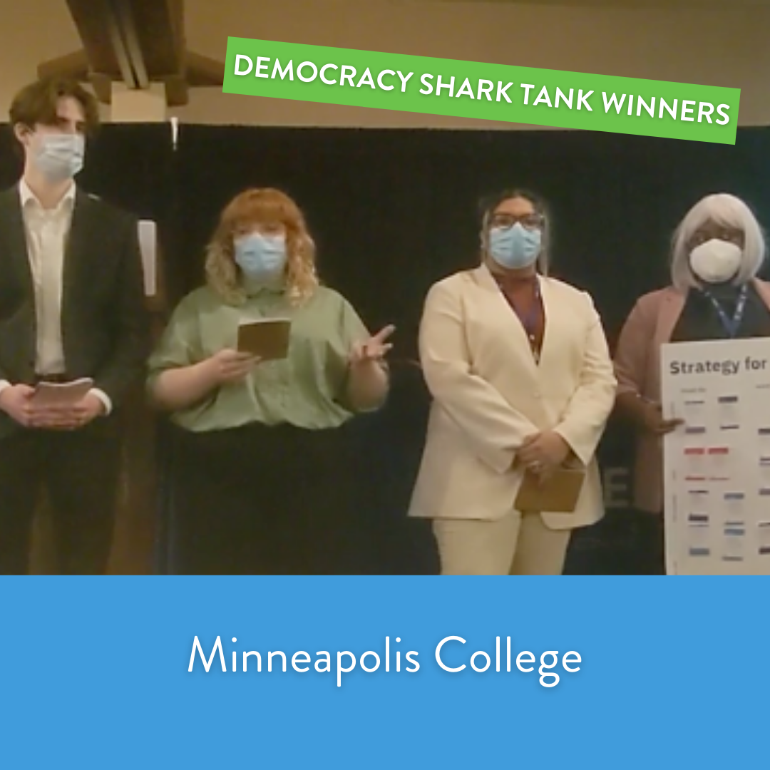 Students from Minneapolis College present their strategy to judges as part of the Democracy Shark Tank competition.
