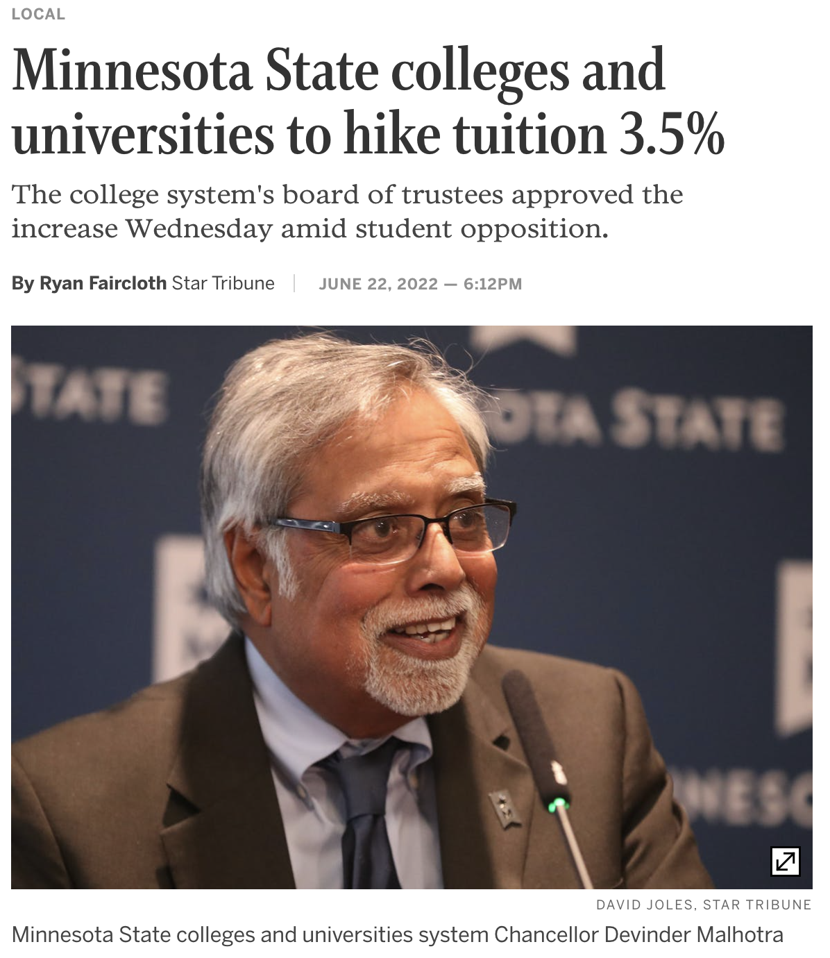 screenshot of news article from the Star Tribune reads "Minnesota State colleges and universities to hike tuition 3.5% The college system's board of trustees approved the increase Wednesday amid student opposition." 