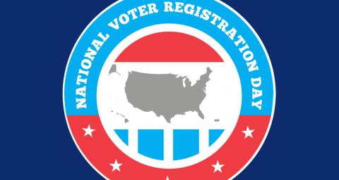 Red, white, and blue National Voter Registration Day sticker on a dark blue background