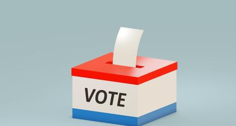 Voter registration box cartoon on a light blue background