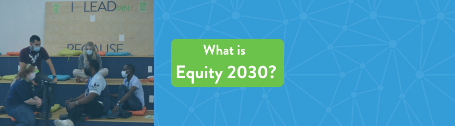 banner reads "what is equity 2030" and shows an image of a group of diverse students chatting in the LeadMN office
