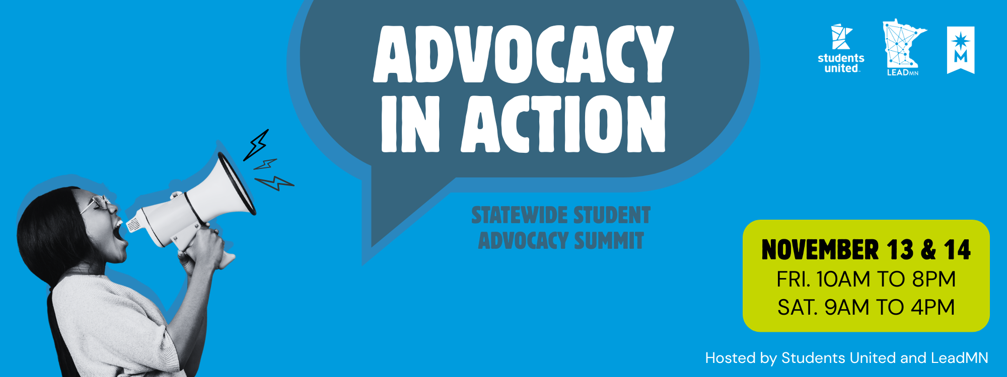b&w photo of a female college student with a megaphone emitting lightning bolts against a blue background with a speech bubble that says advocacy in action